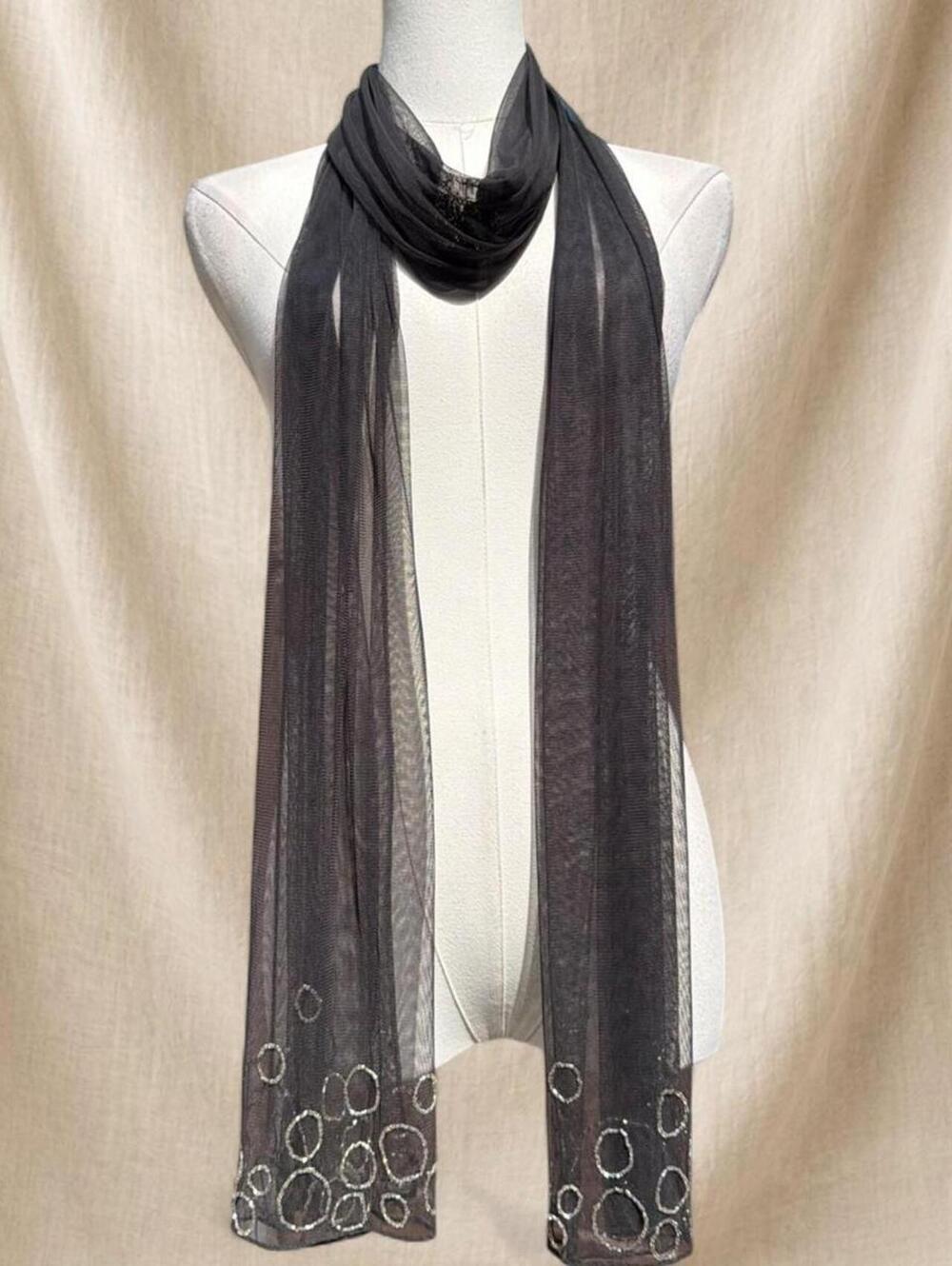 Sue Wong black mesh scarf with silver beaded circles on the hem